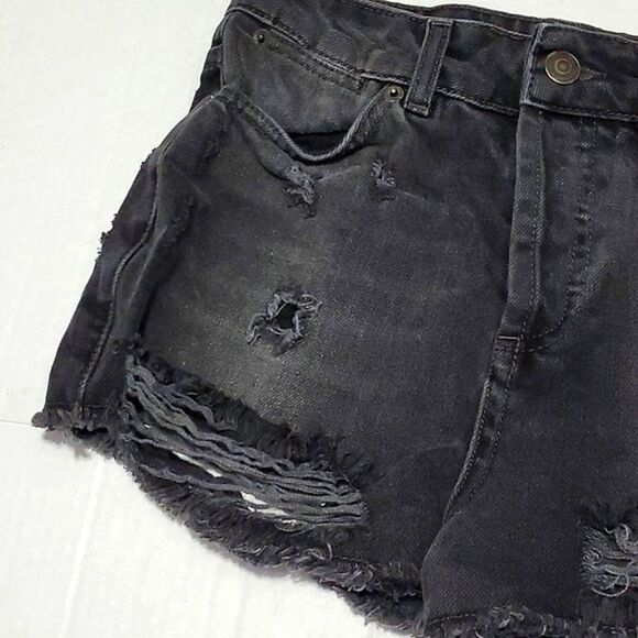Topshop Moto Black High Waist Distressed Destroyed Denim Shorty Shorts  26 - Picture 4 of 11